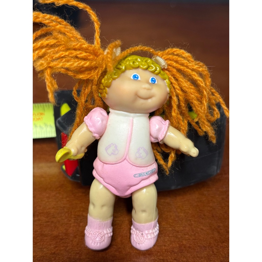 Vintage Cabbage Patch Kids PVC Mini Figure Orange Yarn Hair Pink Romper 3.5 Inch